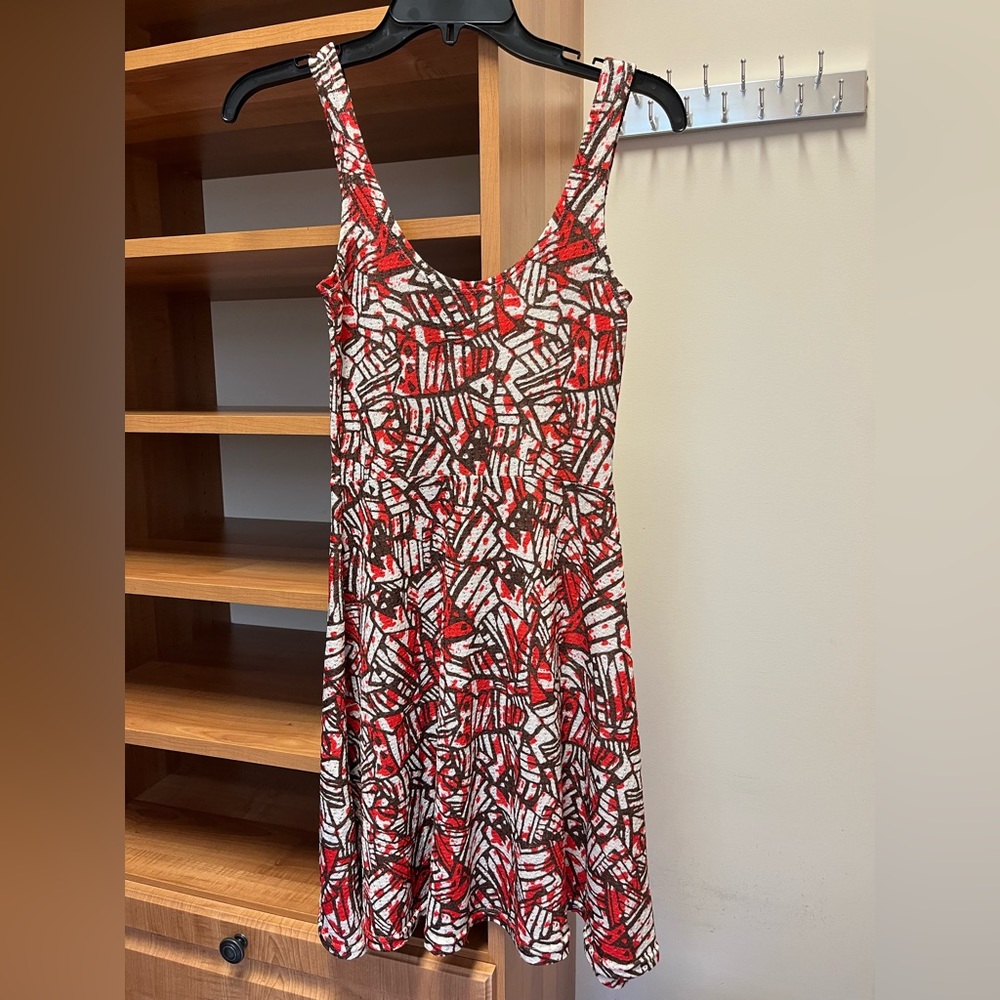 Red, brown, and white patterned dress, Angie, Size S